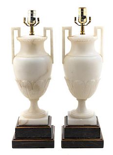 A Pair of Neoclassical Style Alabaster Urns Height 31 1/2 inches.