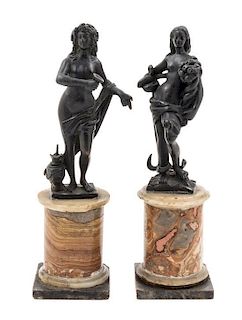 A Pair of Italian Bronze and Marble Figures Height of each 9 1/2 inches.