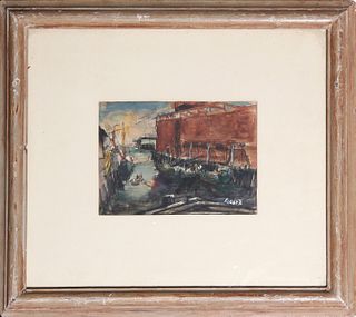 Jean Louis Liberte, Boat at Dock, Watercolor on Paper