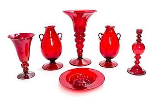 * Six Venetian Red Glass Table Articles Height of tallest 12 1/4 inches.