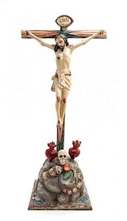 A Carved and Painted Wood Corpus Christi Height 33 x width 16 inches.