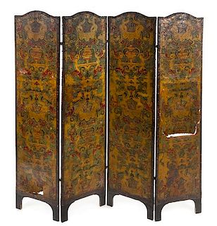 * A Spanish Tooled Leather Four-Panel Floor Screen Height 74 1/2 x width of each panel 18 inches.