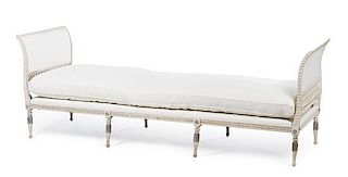 A Gustavian Painted Bench Height 34 1/4 x width 98 1/2 x depth 29 inches.