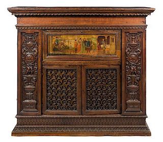 * A Continental Marquetry and Painted Cupboard Height 52 3/4 x width 60 1/2 x depth 18 inches.