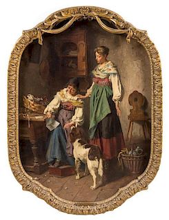 Theodore Gerard, (Belgian, 1829-1895), Two Figures and Dog with Seated Woman Reading