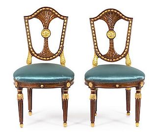 A Pair of Russian Neoclassical Parcel Gilt Mahogany Side Chairs Height 39 1/2 inches.