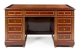A Russian Neoclassical Brass Inlaid Mahogany Pedestal Desk Height 32 x width 56 3/4 x depth 29 1/4 inches.