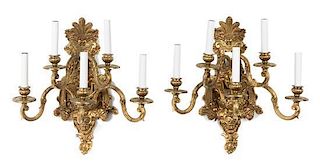 A Pair of Neoclassical Style Gilt Bronze Five-Light Sconces Height 17 1/2 inches.