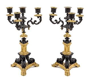A Pair of Neoclassical Gilt and Patinated Bronze Four-Light Candelabra Height 13 3/4 inches.