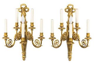 A Pair of Neoclassical Gilt Bronze Five-Light Sconces Height 23 inches.