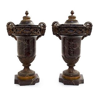 A Pair of Neoclassical Gilt Bronze Mounted Rouge Marble Urns Height 19 1/2 inches.