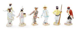 * A Group of Six Meissen Porcelain Commedia dell'Arte Figures Height of tallest 8 inches.