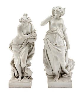 A Pair of Bisque Porcelain Allegorical Figures Height of first 17 inches.