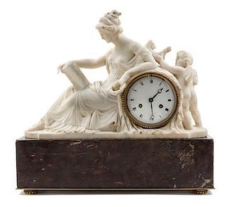 A French Marble Figural Mantel Clock Height 17 3/4 x width 18 1/4 x depth 5 3/8 inches.