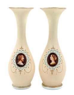 A Pair of Continental Enameled Glass Vases Height of each 16 3/4 inches.
