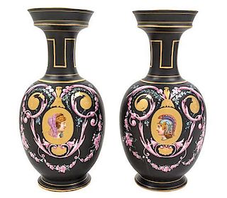 A Pair of Continental Painted Porcelain Vases Height of each 16 1/2 inches.