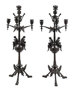 A Pair of Continental Bronze Three-Light Candelabra Height 22 inches.
