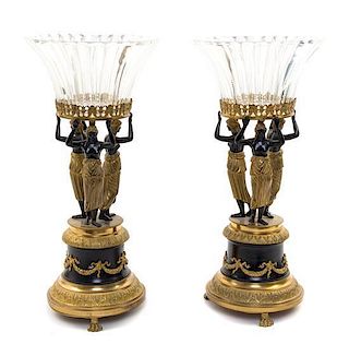 * A Pair of Empire Style Gilt and Patinated Bronze Figural Centerpiece Bowls Height overall 17 inches.