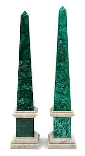 A Pair of Malachite and Marble Obelisks Height of each 21 3/4 inches.