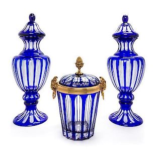 A Continental Cobalt Cut to Clear Glass Garniture Height of tallest 23 inches.
