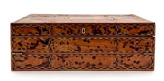 A Tortoise Shell and Parquetry Decorated Writing Slope Height 5 x width 14 3/4 x depth 8 3/4 inches.