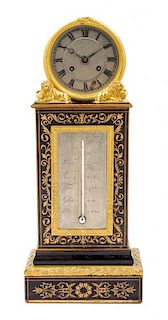 A Regency Gilt Bronze Mounted Marquetry Clock and Barometer Height 17 1/2 x width 7 1/4 x depth 4 1/4 inches.
