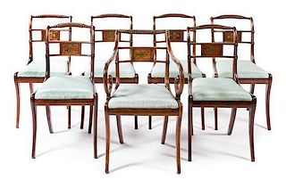 * A Set of Seven Regency Brass Inlaid Mahogany Dining Chairs Height 33 1/2 inches.