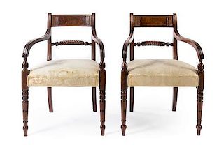 A Pair of Sheraton Brass-Banded Mahogany Armchairs Height 31 1/2 inches.