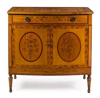 An Edwardian Marquetry Bowfront Cabinet Height 40 x width 41 x depth 21 inches.