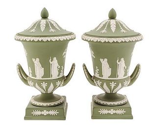 A Pair of Wedgwood Jasperware Covered Urns Height 12 1/2 inches.