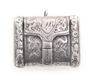A George III Silver Vinaigrette, Likely John Shaw, Birmingham, 1793, the case worked to appear as a satchel with floral decorate