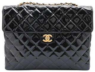 CHANEL XL MAXI BLACK QUILTED PATENT SINGLE FLAP CHAIN BAG