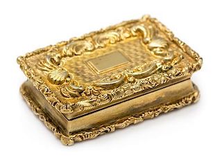 A William IV Silver-Gilt Vinaigrette, Maker's Mark E (pellet) J, Birmingham, the lid decorated with rocaille and C-scroll motifs
