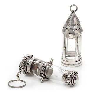 Two English Silver-Plate Mounted Glass Scent Bottles, Retailed by Thornhill & Co., London, one in the form of a lantern, the oth