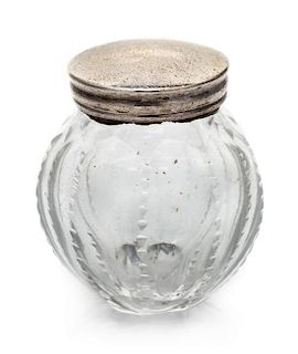 An English Silver Mounted Cut Glass Scent Bottle, Maker's Mark Likely IT, of ribbed, spherical form.