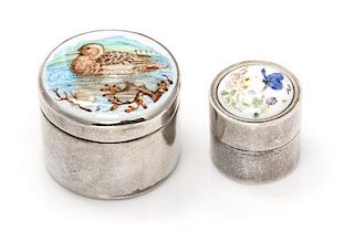 Two English Silver and Enamel Pill Boxes, Maker's Mark CNB, London, 1982 and 1985, one having a lid decorated with a butterfly a