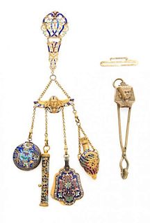 A Gilt-Metal and Enamel Egyptian Revival Chatelaine Length 11 5/8 inches.