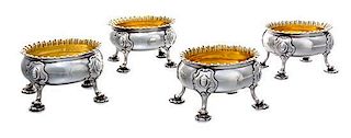 An Assembled Set of Four George III Silver Salt Cellars, London, 1772 & 1811, comprising a Robert Hennell I, 1772 pair and a lat
