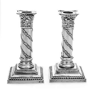 * A Pair of Victorian Silver Candlesticks, Maker's Mark Obscured, Birmingham, 1897, weighted, cast as columns with flowering vin
