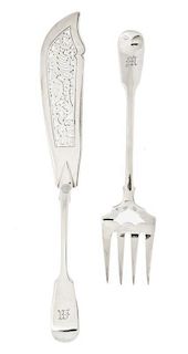 A Victorian Silver Fish Serving Set, George W. Adams, London, 1847, comprising a pierced knife and a serving fork, each with a f
