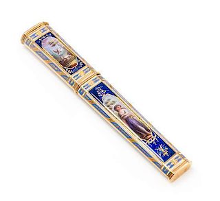 A Continental Gold and Enamel Etui, Circa 1800, the removable cover with elongated octagonal reserves depicting doves in a lands