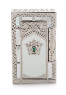 A French Platinum, Emerald and Mother-of-Pearl Inlaid Pocket Lighter, S.T. Dupont, Paris, Taj Mahal design with presentation box