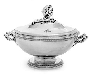 A Louis Philippe Silver Tureen, Marc-Augustin Lebrun, Paris, Circa 1840, the circular lid applied with a realistic pomegranate f