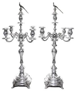 A Pair of Austrian Silver Five-Light Candelabra, Maker's Mark S (pellet) H, Vienna, Late 19th/Early 20th Century, having a centr