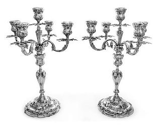 * A Pair of German Silver Five-Light Candelabra, J.D. Schleissner Sohne, Hanau, 19th Century, having four branches surrounding a