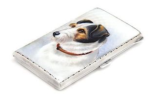 A German Enameled Silver Cigarette Case, Early 20th Century, the lid decorated with a terrier against a guilloche ground.