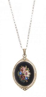 A Continental Pietra Dura and Pearl Locket Length of pendant 1 3/8 inches.