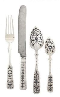 A Russian Niello Silver Dessert Service, Pyotr Dimitrov and other maker, 19th Century, the forks and spoons of fiddle form, comp