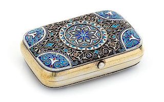 A Russian Enameled Silver Cigarette Case, Mark of Ivan Khlebnikov wih imperial warrant, Moscow, 1882, the case worked with folia