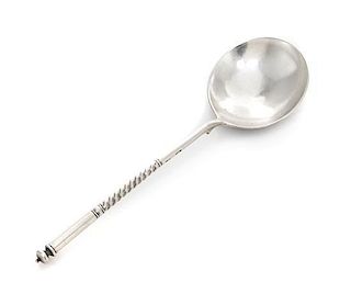 A Russian Niello Silver Spoon, Maker's Mark Cyrillic CMH, Moscow, having a knopped finial and a twist stem, the underside of the